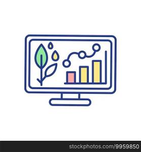 Agricultural statistics RGB color icon. Smart farming technology. Data on computer. Irrigation monitoring. Analytics report for plant cultivation. Digital transformation. Isolated vector illustration. Agricultural statistics RGB color icon