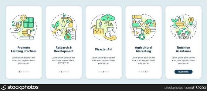 Agricultural subsidies onboarding mobile app screen. Walkthrough 5 steps editable graphic instructions with linear concepts. UI, UX, GUI template. Myriad Pro-Bold, Regular fonts used. Agricultural subsidies onboarding mobile app screen