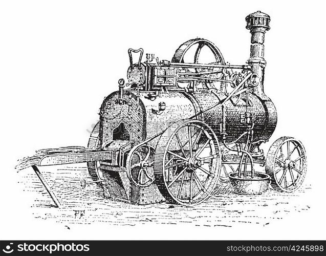 Agricultural Traction Engine, shown being used to burn straw, vintage engraved illustration. Dictionary of Words and Things - Larive and Fleury - 1895