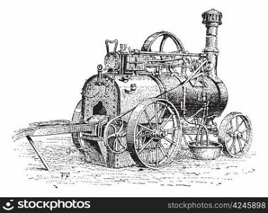 Agricultural Traction Engine, shown being used to burn straw, vintage engraved illustration. Dictionary of Words and Things - Larive and Fleury - 1895