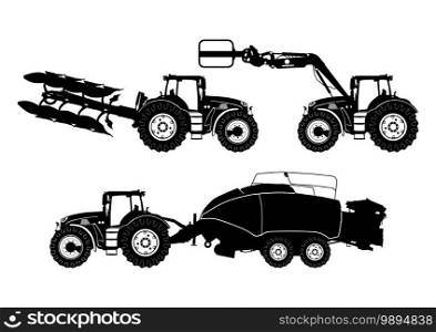 Agricultural tractor. Modern tractor silhouettes with additional equipment. Side view. Flat vector.