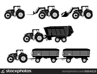 Agricultural tractor. The silhouettes of modern tractors with trailers and additional equipment. Side view. Flat vector.