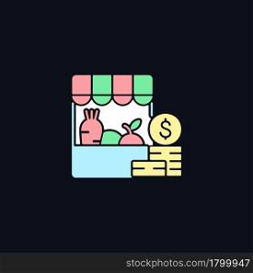 Agricultural trade RGB color icon for dark theme. Farm shop. Organic goods and commodities. Farming business. Isolated vector illustration on night mode background. Simple filled line drawing on black. Agricultural trade RGB color icon for dark theme