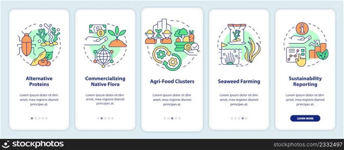 Agricultural trends onboarding mobile app screen. Farming work walkthrough 5 steps graphic instructions pages with linear concepts. UI, UX, GUI template. Myriad Pro-Bold, Regular fonts used. Agricultural trends onboarding mobile app screen