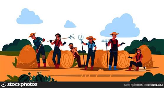 Agricultural work concept. Cartoon farmer characters working in fields, harvesting and cropping. Vector organic eco food background with flat young woman and man standing in garden. Agricultural work concept. Cartoon farmer characters working in fields, harvesting and cropping. Vector organic eco food background