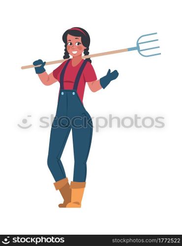 Agricultural worker. Cartoon woman with pitchfork. Isolated female character holding hayfork. Happy smiling farmer waving hand. Gardener grows and takes care of plants. Vector gardening equipment. Agricultural worker. Cartoon woman with pitchfork. Female character holding hayfork. Smiling farmer waving hand. Gardener grows and takes care of plants. Vector gardening equipment