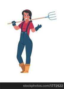 Agricultural worker. Cartoon woman with pitchfork. Isolated female character holding hayfork. Happy smiling farmer waving hand. Gardener grows and takes care of plants. Vector gardening equipment. Agricultural worker. Cartoon woman with pitchfork. Female character holding hayfork. Smiling farmer waving hand. Gardener grows and takes care of plants. Vector gardening equipment