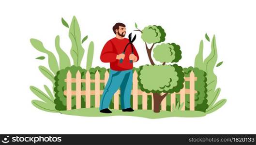 Agricultural worker cutting tree. Cartoon man decorative trimming branches with secateurs. Gardening concept. People care of shrub in garden. Character improves plants in yard. Vector illustration. Agricultural worker cutting tree. Man decorative trimming branches with secateurs. Gardening concept. People care of shrub in garden. Character improves plants. Vector illustration