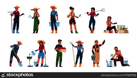Agricultural workers. Cartoon farmers and harvesting characters, hand drawn rural people with farming equipment. Vector illustrations eco concept harvesting with gardening fruits and worker person. Agricultural workers. Cartoon farmers and harvesting characters, hand drawn rural people with farming equipment. Vector eco concept