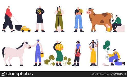 Agricultural workers, farmers working on farm, harvesting and cropping. Farmer characters gardening, harvesting taking care farm animals vector illustration set. Farm workers and agriculture work. Agricultural workers, farmers working on farm, harvesting and cropping. Farmer characters gardening, harvesting taking care farm animals vector illustration set. Farm workers