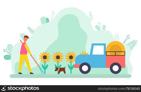 Agricultural works and machinery vector, man working with sunflowers field. Tractor with hay bale, agriculture husbandry season of harvesting, pet dog. Field of Sunflowers, Farming Man with Tractor