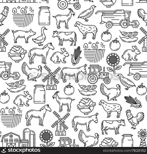 Agriculture and cattle farm seamless pattern. Vector thin line art background of farmer tractor, cattle animals cow, horse or sheep and poultry hen or turkey, vegetables harvest and mill pattern. Cattle farm agriculture farmer seamless pattern