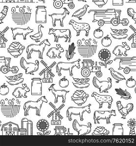 Agriculture and cattle farm seamless pattern. Vector thin line art background of farmer tractor, cattle animals cow, horse or sheep and poultry hen or turkey, vegetables harvest and mill pattern. Cattle farm agriculture farmer seamless pattern