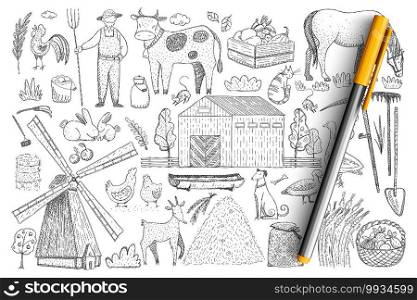 Agriculture and farm doodle set. Collection of hand drawn farmer, animals, harvesting, haystacks, village house and feeding places in stalls isolated on transparent background. Illustration of farm. Agriculture and farm doodle set