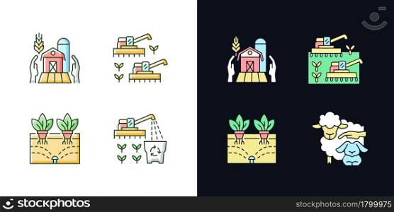 Agriculture and farming light and dark theme RGB color icons set. Ecological innovation in farming. Isolated vector illustrations on white and black space. Simple filled line drawings pack. Agriculture and farming light and dark theme RGB color icons set
