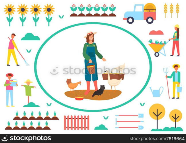 Agriculture and husbandry vector, woman feeding chicken, scarecrow and male wit instrument working on field, sunflower plantation, truck and trees. Woman Feeding Chicken, Farming and Agriculture