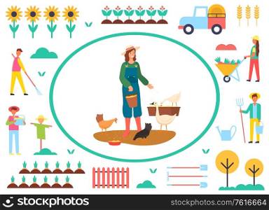 Agriculture and husbandry vector, woman feeding chicken, scarecrow and male wit instrument working on field, sunflower plantation, truck and trees. Woman Feeding Chicken, Farming and Agriculture