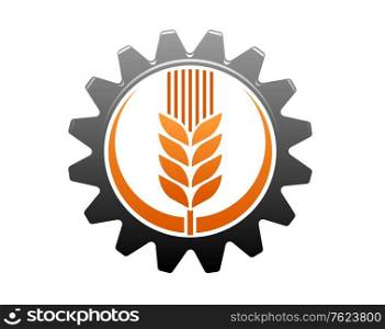Agriculture and industry icon with a golden ear of ripe wheat enclosed within a toothed gear wheel