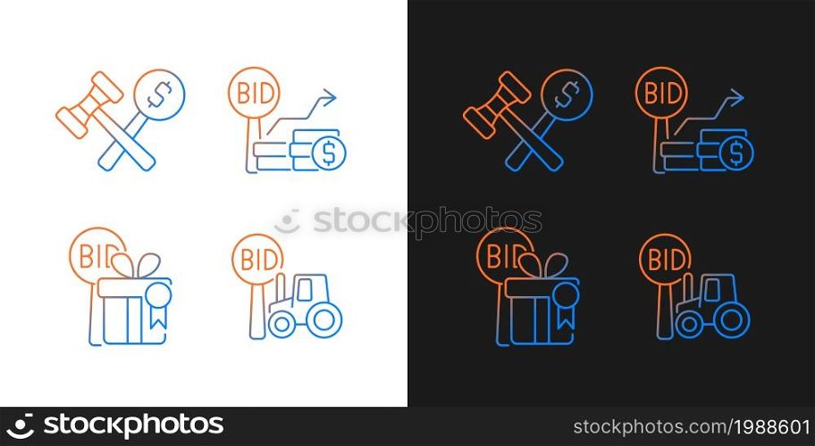 Agriculture auction components gradient icons set for dark and light mode. Farm equipment selling. Thin line contour symbols bundle. Isolated vector outline illustrations collection on black and white. Agriculture auction components gradient icons set for dark and light mode