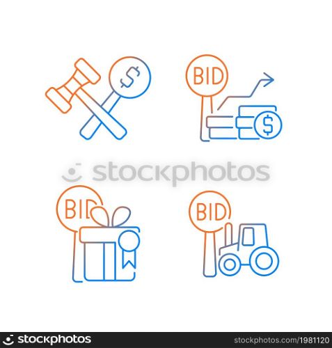 Agriculture auction components gradient linear vector icons set. Bidding increments. Auction winner. Farm equipment selling. Thin line contour symbols bundle. Isolated outline illustrations collection. Agriculture auction components gradient linear vector icons set