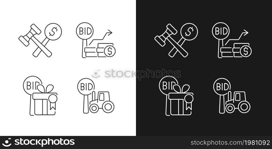 Agriculture auction components linear icons set for dark and light mode. Auction winner. Farm equipment selling. Customizable thin line symbols. Isolated vector outline illustrations. Editable stroke. Agriculture auction components linear icons set for dark and light mode
