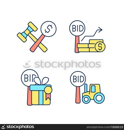 Agriculture auction components RGB color icons set. Bidding increments. Auction winner. Farm equipment selling. Isolated vector illustrations. Simple filled line drawings collection. Editable stroke. Agriculture auction components RGB color icons set