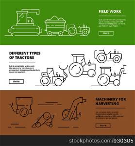 Agriculture banners. Farm machinery harvester tractors agribusiness vehicle vector design template. Machinery farm for agriculture, tractor and combine illustration. Agriculture banners. Farm machinery harvester tractors agribusiness vehicle vector design template