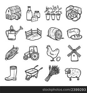 Agriculture black white icons set with tractor hen and bread symbols flat isolated vector illustration . Agriculture Black White Icons Set