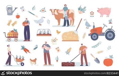 Agriculture collection, farmer people, male gardener. Harvest clipart, vegetables and farm animals. Agricultural market, fresh food kicky vector of agriculture with tractor and gardener illustration. Agriculture collection, farmer people, male gardener. Harvest clipart, vegetables and farm animals. Agricultural market, fresh food kicky vector clipart