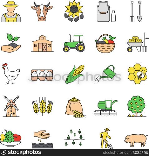 Agriculture color icons set. Agriculture color icons set. Farming. Agricultural implement. Isolated vector illustrations