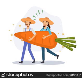 agriculture concept, 2 of farmer are holding a big carrot. Happy farmer after harvest because got a lot of profit.Flat vector 2D cartoon character illustration.