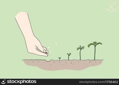 Agriculture, environment, new life concept. Human hand planting seed germination sequence starting new life beginning over green background vector illustration . Agriculture, environment, new life concept