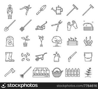 Agriculture farming and gardening, farmer tools icons, vector farm equipment. Line icons of garden rake and spade, seeds and shovel, watering can and farm wheelbarrow with mower and seedling pruner. Agriculture farming, farmer gardening tools icons