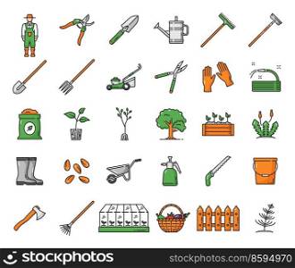 Agriculture farming and gardening icons of farmer tools, vector farm equipment. Garden shovel and rake with watering can and wheelbarrow, gardening secateurs, spade and lawn mower with pruner. Agriculture farming, gardening icons, farmer tools
