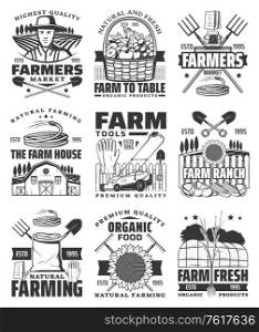 Agriculture, farming and gardening vector icons with farm field, tractor, barn and harvest wheat, farmer with farming tools and equipment, garden vegetables and trees. Organic farm emblems design. Agriculture, farming and gardening vector icons