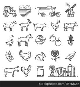 Agriculture farming, cattle farm and agrarian icons Vector isolated farmer harvesting tractor, wheat or rye barn mill, vegetables, cow or horse and sheep lamb or hen chicken and goose. Cattle farm animals and agriculture farmer items