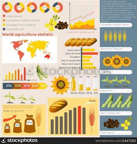 Agriculture farming organic food plant wheat sunflower charts and graphs vector illustration