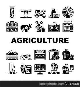 Agriculture Farmland Business Icons Set Vector. Mill And Greenhouse Farm Construction, Drone For Planting Plant Tractor With Gps, Agriculture Harvesting Production Glyph Pictograms Black Illustrations. Agriculture Farmland Business Icons Set Vector