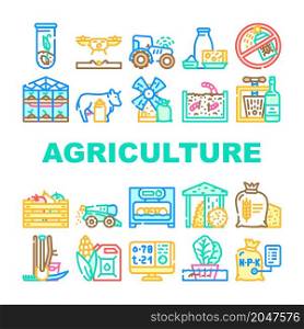 Agriculture Farmland Business Icons Set Vector. Mill And Greenhouse Farm Construction, Drone For Planting Plant And Tractor With Gps, Agriculture Harvesting And Production Line. Color Illustrations. Agriculture Farmland Business Icons Set Vector