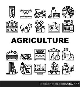 Agriculture Farmland Business Icons Set Vector. Mill And Greenhouse Farm Construction, Drone For Planting Plant And Tractor With Gps, Agriculture Harvesting And Production Black Contour Illustrations. Agriculture Farmland Business Icons Set Vector