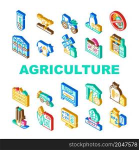 Agriculture Farmland Business Icons Set Vector. Mill And Greenhouse Farm Construction, Drone Planting Plant And Tractor With Gps, Agriculture Harvesting Production Isometric Sign Color Illustrations. Agriculture Farmland Business Icons Set Vector