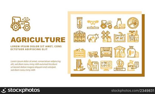 Agriculture Farmland Business Landing Web Page Header Banner Template Vector. Mill And Greenhouse Farm Construction, Drone For Planting Plant And Tractor With Gps, Agriculture Harvesting Illustration. Agriculture Farmland Business Landing Header Vector