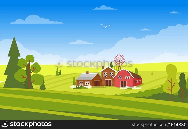 Agriculture Field Farm Rural Meadow Nature Scene Landscape Illustration