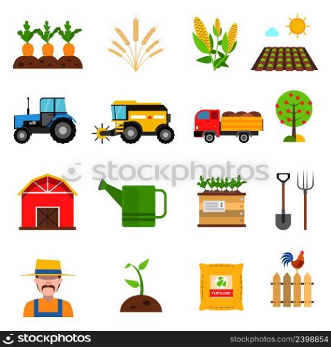 Agriculture flat icons set with farmer and harvest symbols isolated vector illustration. Agriculture Icons Set