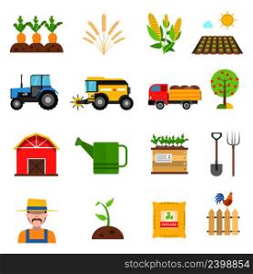 Agriculture flat icons set with farmer and harvest symbols isolated vector illustration. Agriculture Icons Set