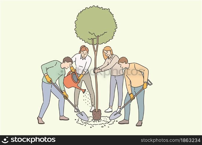 Agriculture, growing tree and planting concept. Group of young smiling people farmers standing planting greet tree taking care of plant vector illustration. Agriculture, growing tree and planting concept