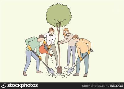 Agriculture, growing tree and planting concept. Group of young smiling people farmers standing planting greet tree taking care of plant vector illustration. Agriculture, growing tree and planting concept