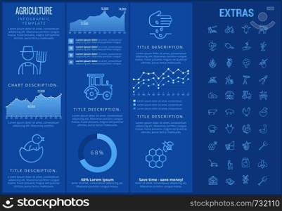Agriculture infographic template, elements and icons. Infograph includes customizable graphs, charts, line icon set with agriculture food, farm animal, agricultural business, organic vegetables etc.. Agriculture infographic template, elements, icons.