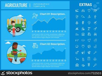 Agriculture infographic template, elements and icons. Infograph includes customizable graphs, charts, line icon set with agriculture food, farm animal, agricultural business, organic vegetables etc.. Agriculture infographic template, elements, icons.