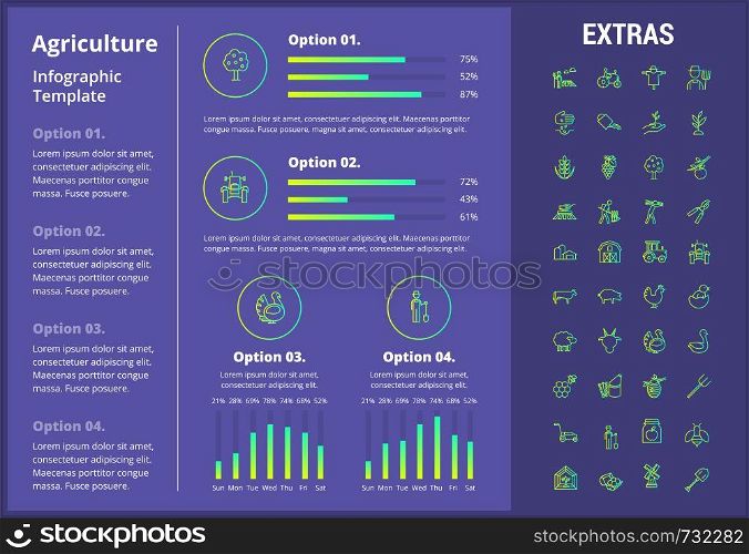 Agriculture infographic template, elements and icons. Infograph includes customizable graphs, four options, line icon set with agriculture food, farm animal, agricultural business, farming tools etc.. Agriculture infographic template, elements, icons.